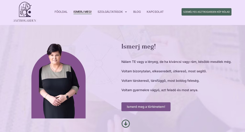 Weboldal képernyőképe: bemutatkozó rész a tulajdonos portréjával – weboldal fotózás Budapesten