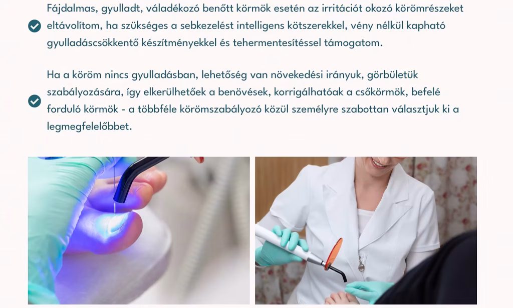 Weboldal képernyőképe: szöveg mellett két fotó egy kozmetikai kezelésről – weboldal fotózás Budapesten